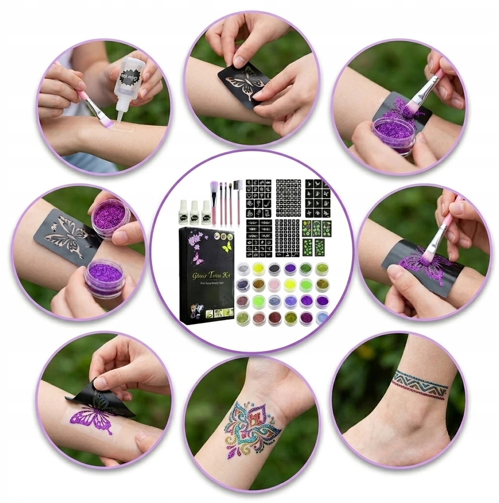 GLITTER tatuiruočių rinkinys VAIKAMS, ŠABLONAI, 24 SPALVOS, 42 vnt, XXL PRO