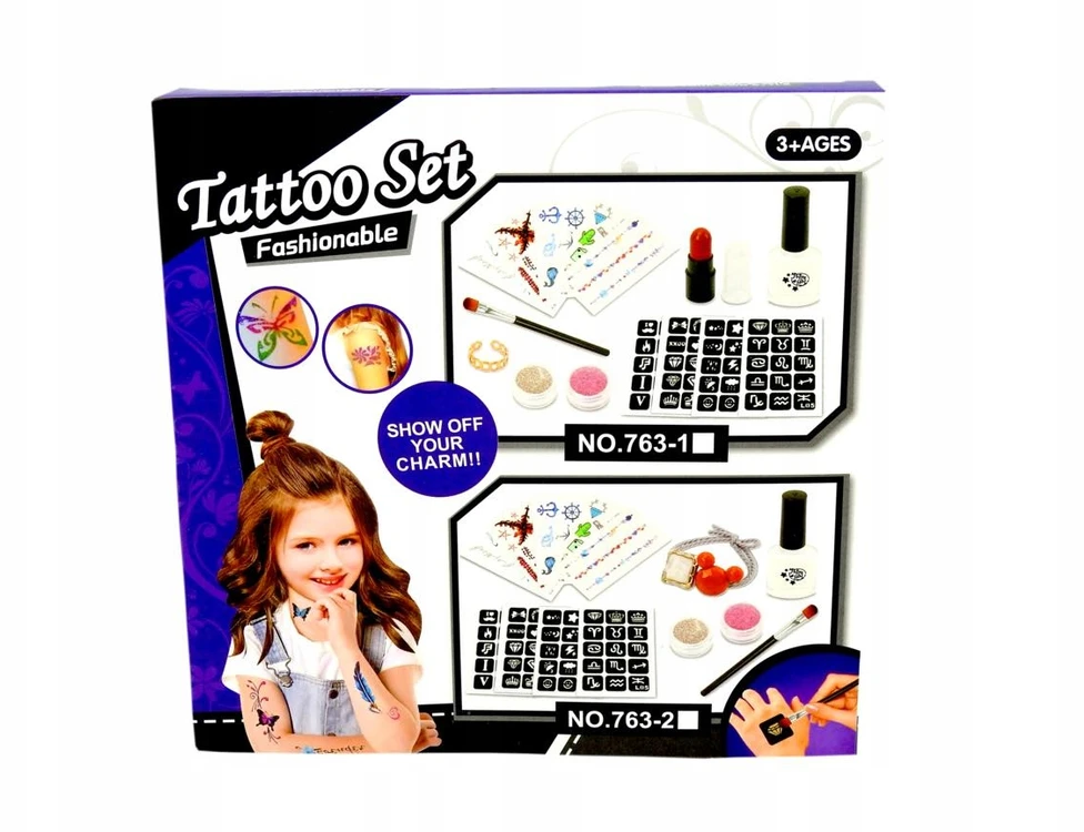 GLITTER tatuiruotės VAIKAMS RINKINYS PLAUNAMI ŠABLONAI DIY GLITTER GLUE