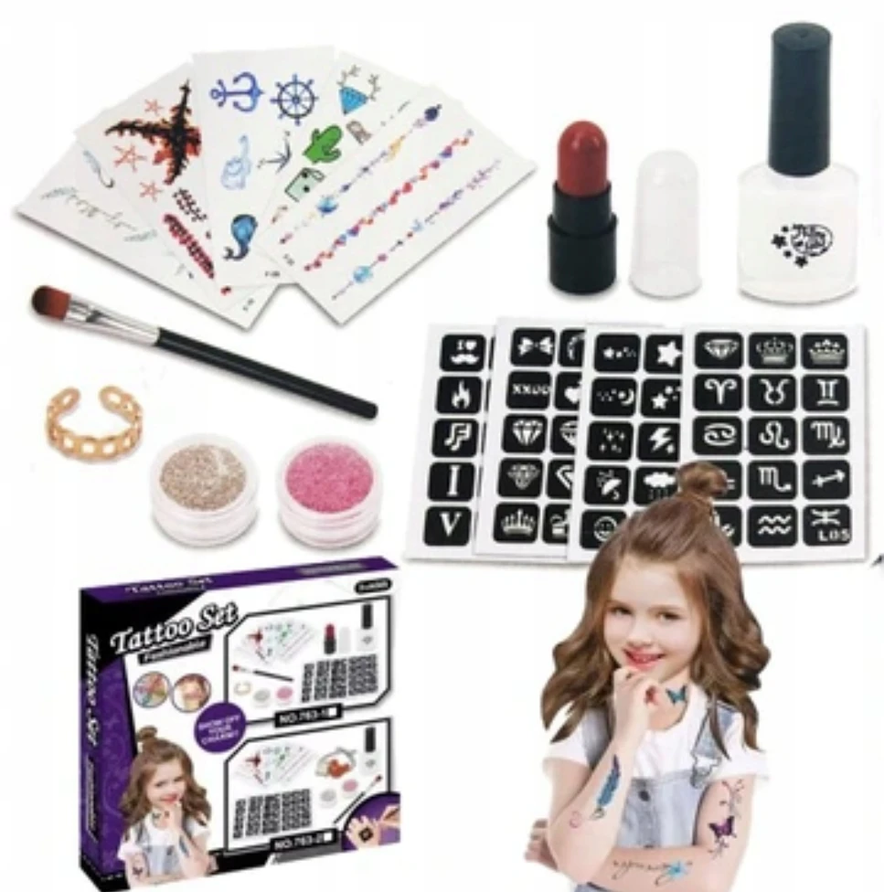 GLITTER tatuiruotės VAIKAMS RINKINYS PLAUNAMI ŠABLONAI DIY GLITTER GLUE