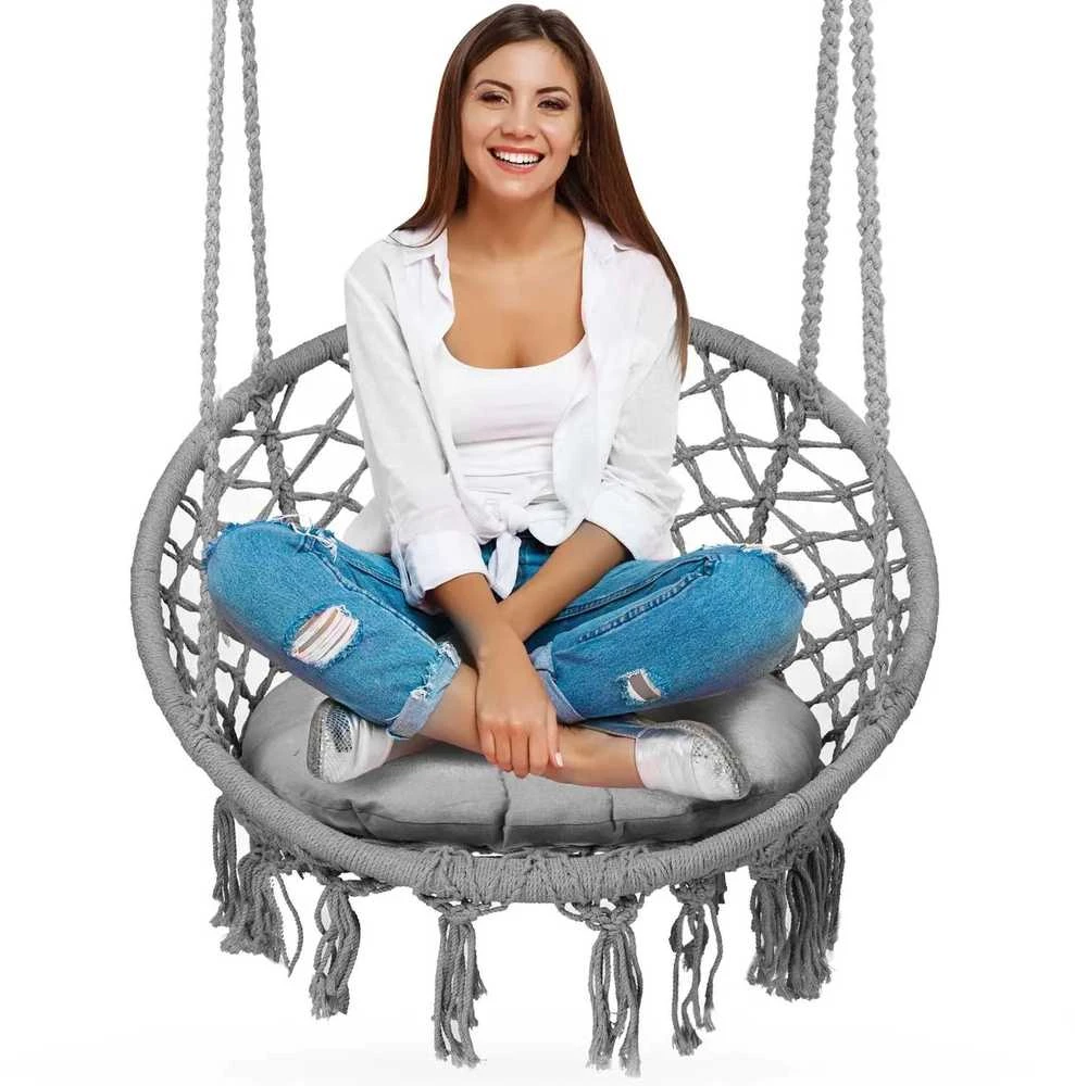 Boho pakabinamas krėslas -sūpynės su pagalve, pilka