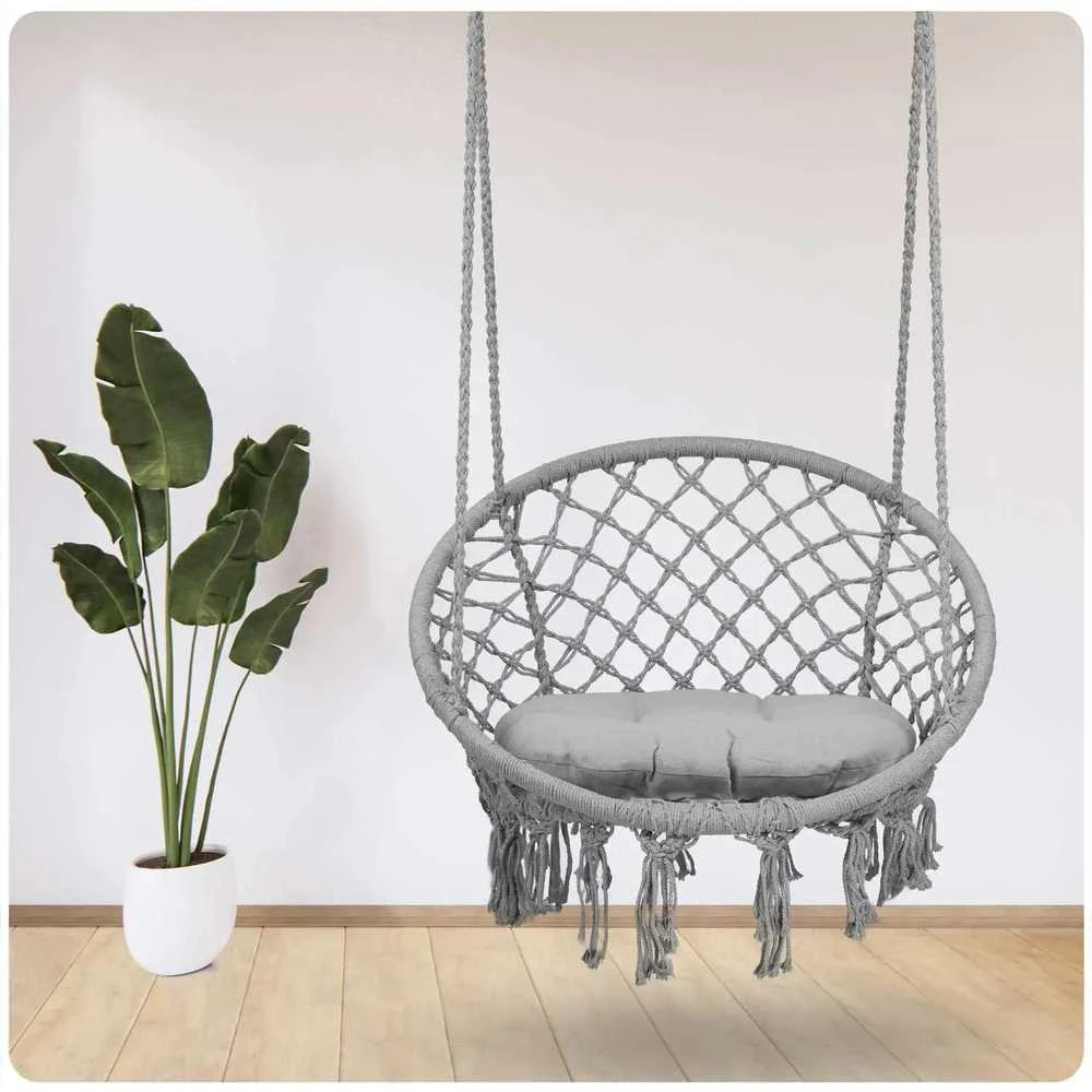 Boho pakabinamas krėslas -sūpynės su pagalve, pilka