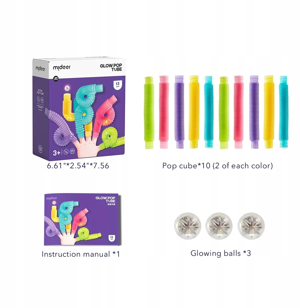 Glow Pop spyruoklės, jutimo vamzdeliai, skirti tempti ir švytinti mideer kamuoliukus