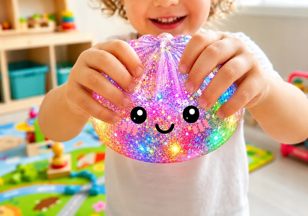 Gniotek Pieróg PIEROŻEK kukuliai tiktok GLITTER MYSTERY kamuoliukai DIDELIS LED