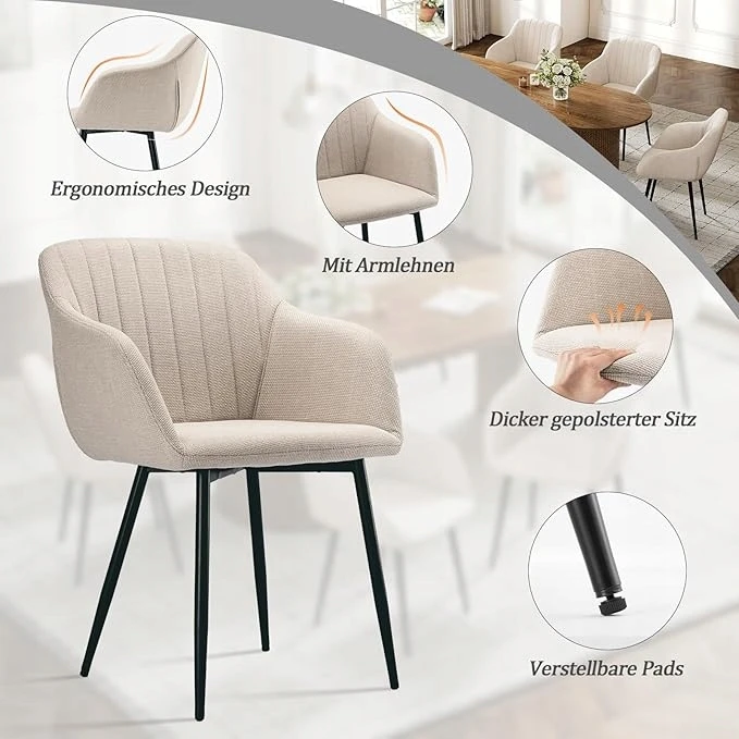 Goeurvant valgomojo kėdės, rinkinys iš 2, smėlio spalvos, elegantiškas, apmuštas