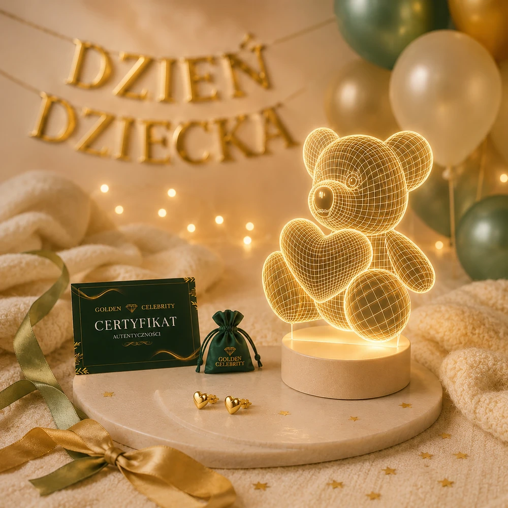 Golden Celebrity Naktinė lempa Meškiukas LED DLA DZIEWCZYNKI DO POKOJU + KOLCZYKI SERCA NA PREZENT