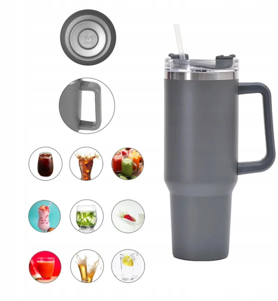 Gordon Termo puodelis su šiaudeliu, tamsiai pilkas, nerūdijančio plieno, didelis XXL 1200 ml, su rankena karštiems ir šaltiems gėrimams