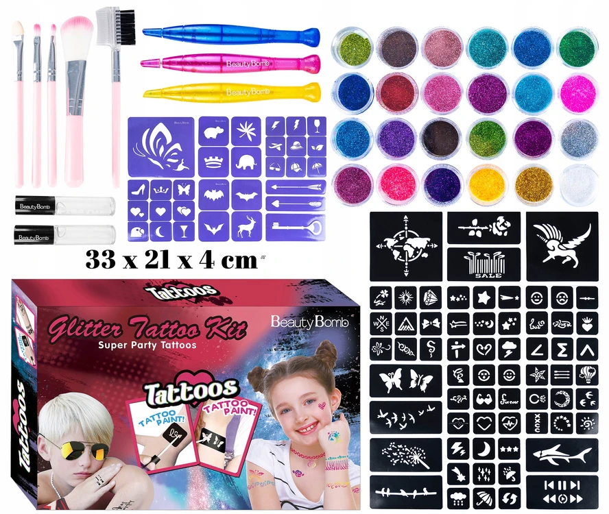 Gotel Xxl Mega Tattoo Kit Trafaretai Blizgučiai Spalvingos tatuiruotės