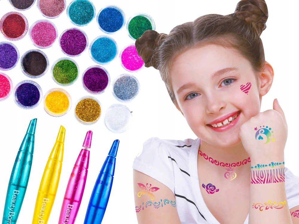 Gotel Xxl Mega Tattoo Kit Trafaretai Blizgučiai Spalvingos tatuiruotės