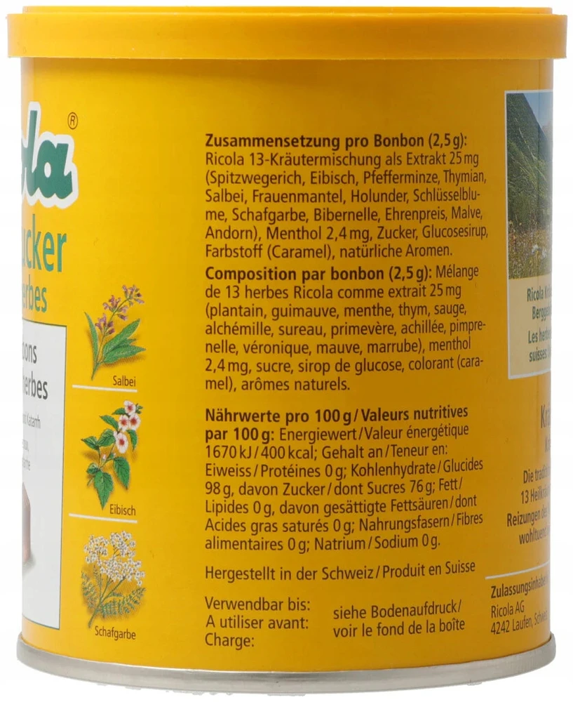 GR Ricola HERBAL saldainiai nuo kosulio skardinėje nuo infekcijų, 100 vnt iš VOKIETIJOS