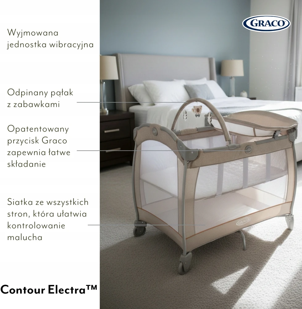 GRACO Vaikiška lovelė, maniežas CONTOUR ELECTRA, persirengimo stalas, čiužinys, krepšys, skydas