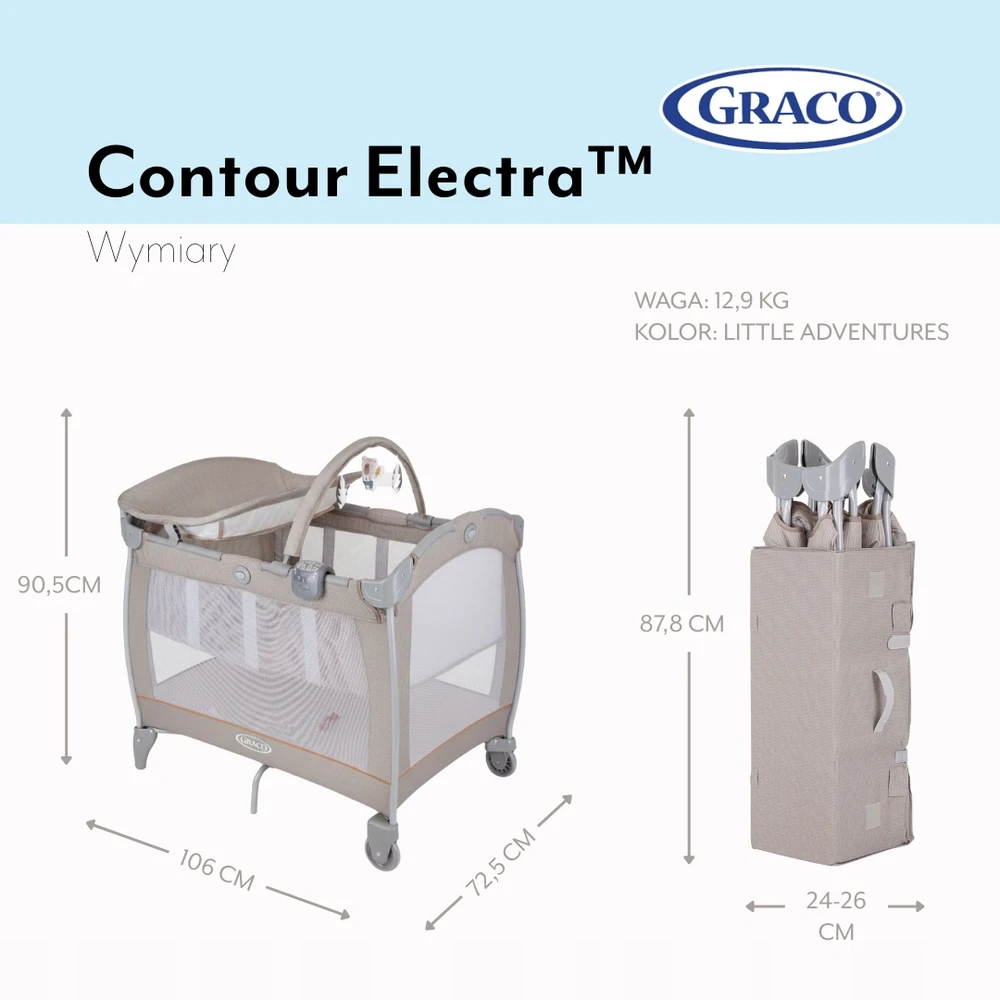 GRACO Vaikiška lovelė, maniežas CONTOUR ELECTRA, persirengimo stalas, čiužinys, krepšys, skydas