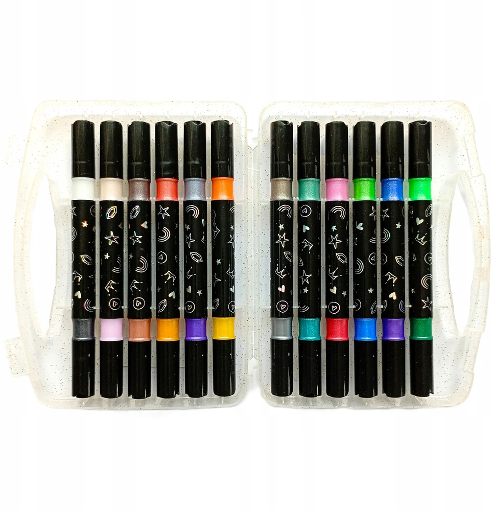 Grafix GLITTER MARKERS RAŠIKLIAI 12 vienetų DVIPUŠIO ŠEPEČIO ANTGALIS dėkle