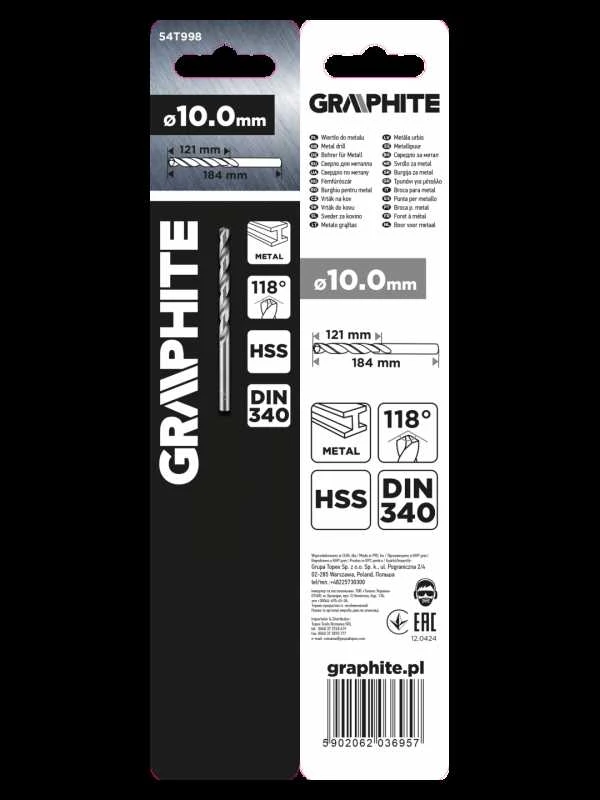 Grąžtas GRAPHITE 54T998 Prailgintas HSS metalinis 10 mm