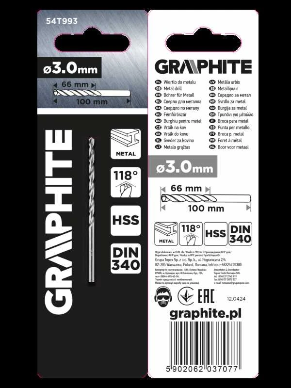 Grąžtas metalui GRAPHITE 54T993 Prailgintas 3 mm DIN 340