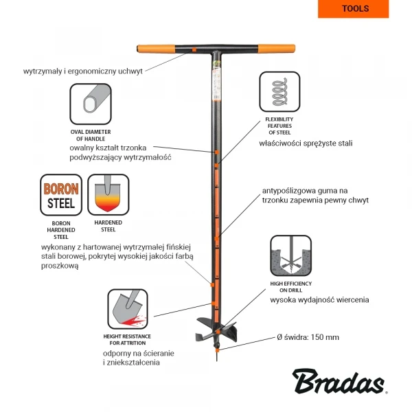 Bradas Grąžtas rankiniam skylių gręžimui žemėje 15 cm BORO PLIENAS KT-V2051