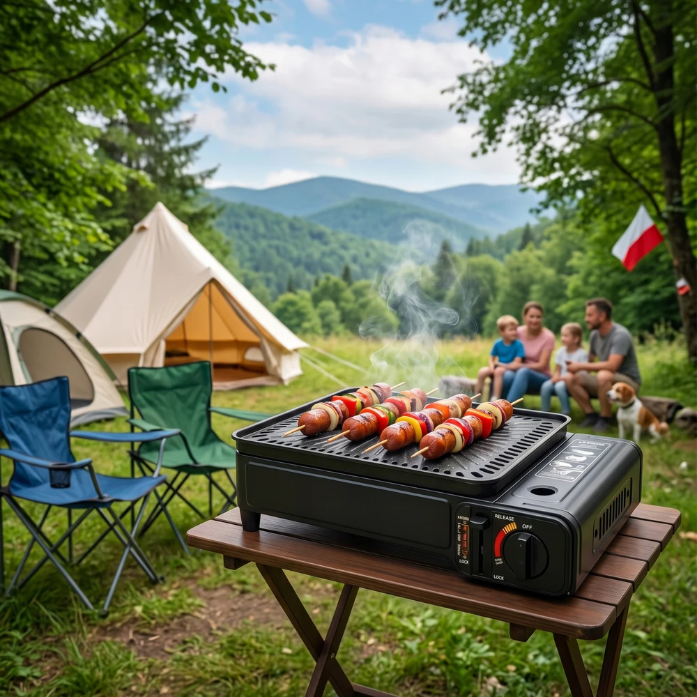 Extralink GRILĖS DUJINĖMS KASETĖMS, NEŠIOJAMOJI TURISTINĖ DUJINĖ IR KRYPTIS SU KEPTUVĖLE
