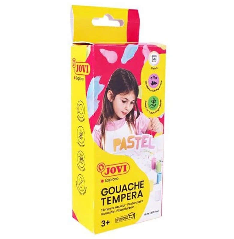 Guašas tempera JOVI, 15 ml, 6 pastelinių spalvų rinkinys su teptuku