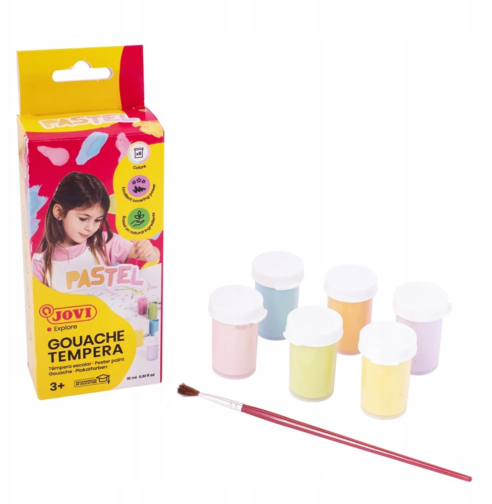 Guašas tempera JOVI, 15 ml, 6 pastelinių spalvų rinkinys su teptuku