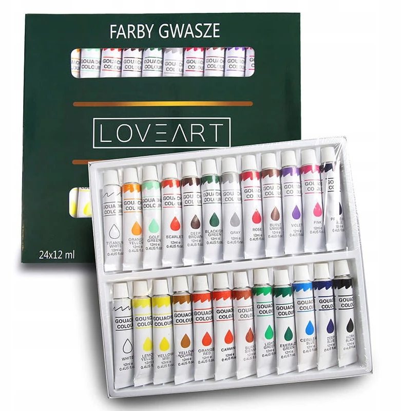 Guašo dažai 24 spalvos x 12 ml LoveArt Vandeninių dažų rinkinys dažymui