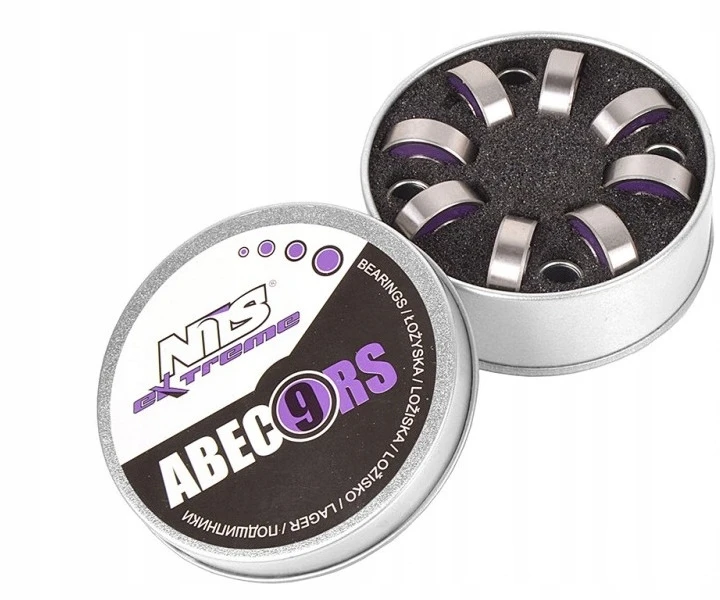 Anglies plieno guoliai metalinėje dėžutėje Nils Extreme ABEC-9 RS, violetiniai, 8 vnt.