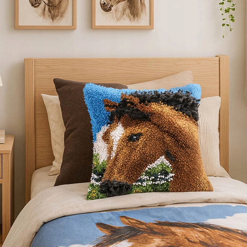 Habarri Shaggy nerti drobės siuvinėjimas DIY pagalvė Horse Horse Hobis