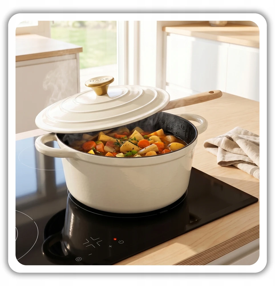 HAGE 3L emaliuotas ketaus PUODAS SU dangteliu, KREMINIS, INDUKCINĖ ORKATINĖ, 22cm