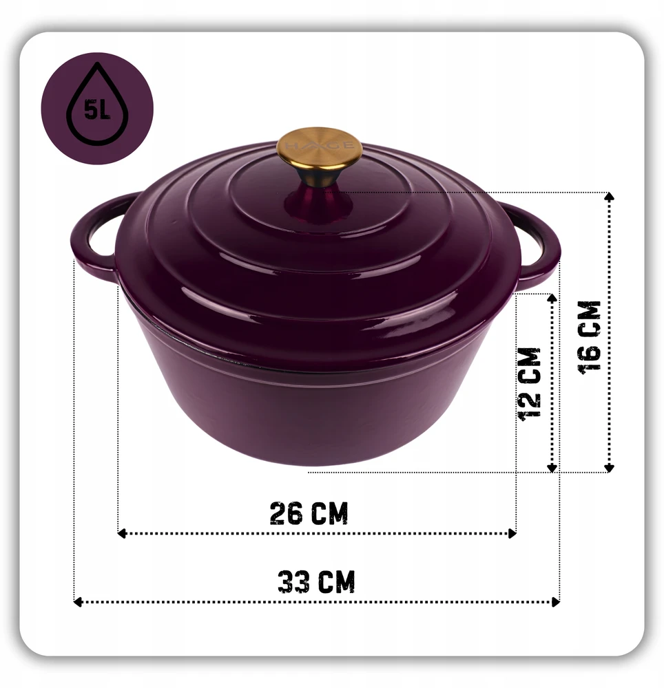 Atusa HAGE Emaliuotas ketaus puodas 26cm 5l baklažano spalvos
