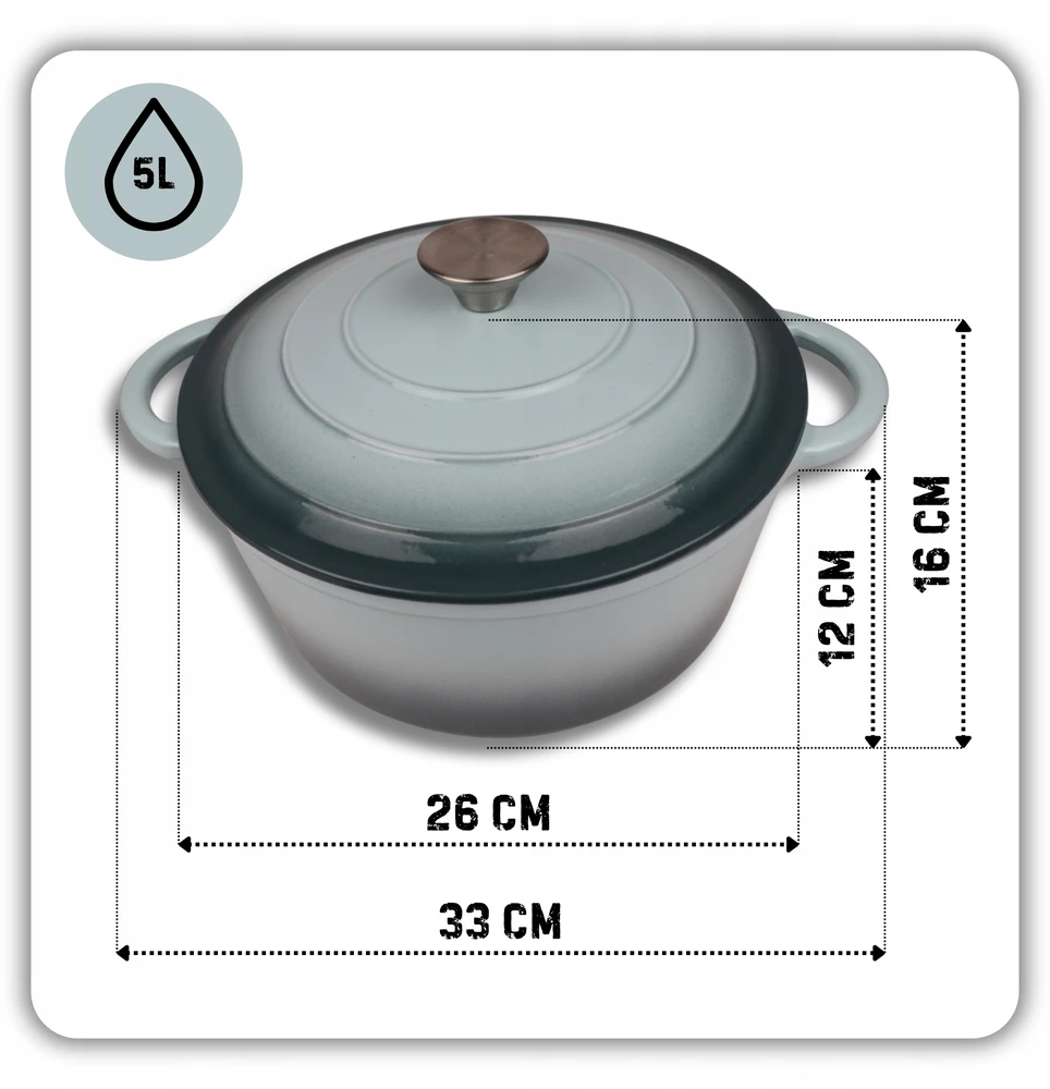 HAGE emaliuotas ketaus puodas 5 l, dangtis 26 cm, jūrinė indukcinė orkaitė