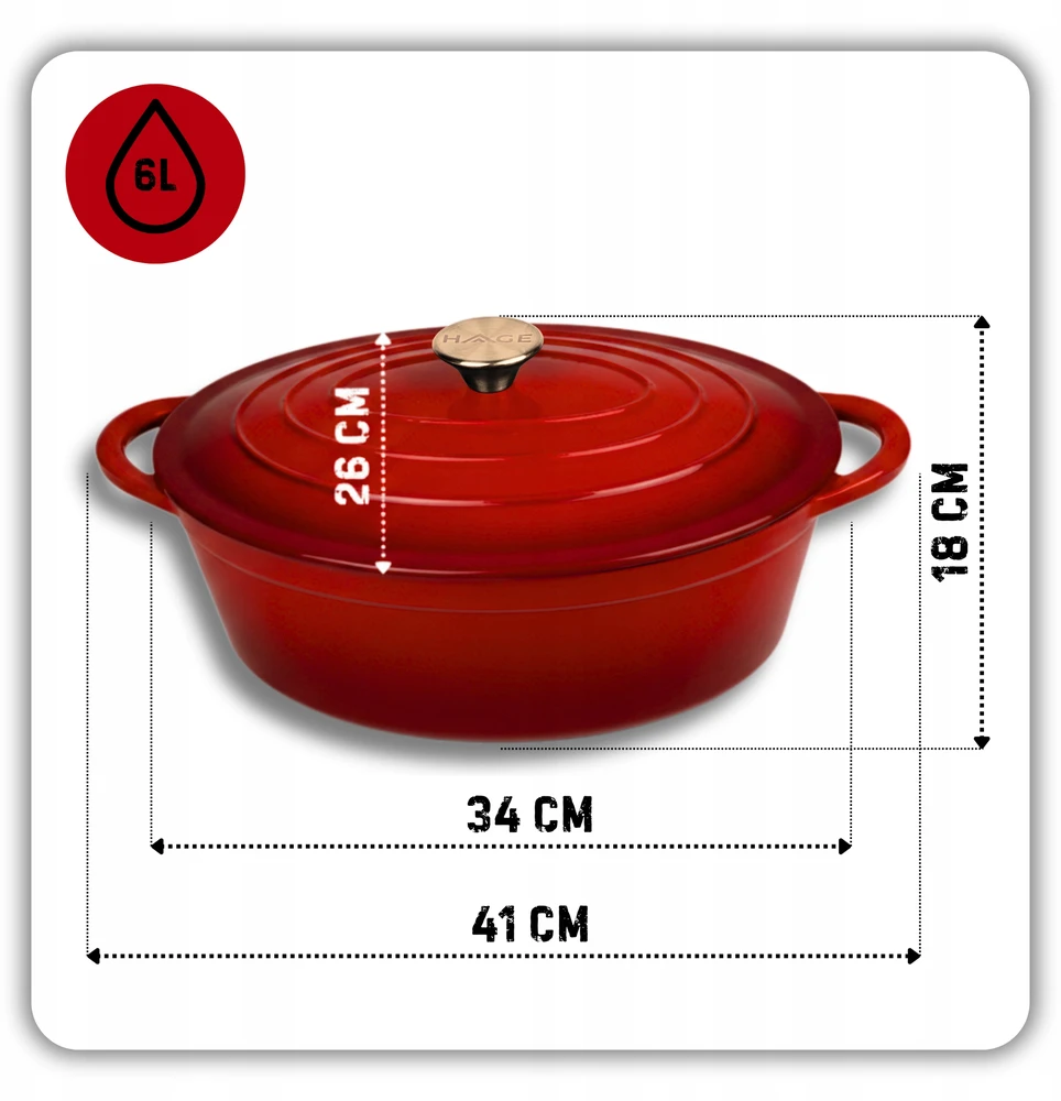 HAGE Keptuvė, ketaus, emaliuota, 6 l, dangtis, 34 cm, raudona, indukcinė orkaitė