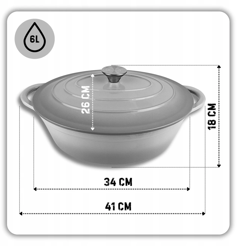 HAGE Ketaus kepimo skarda, emaliuota, 6 l, dangtis 34 cm, pilka indukcinė orkaitė