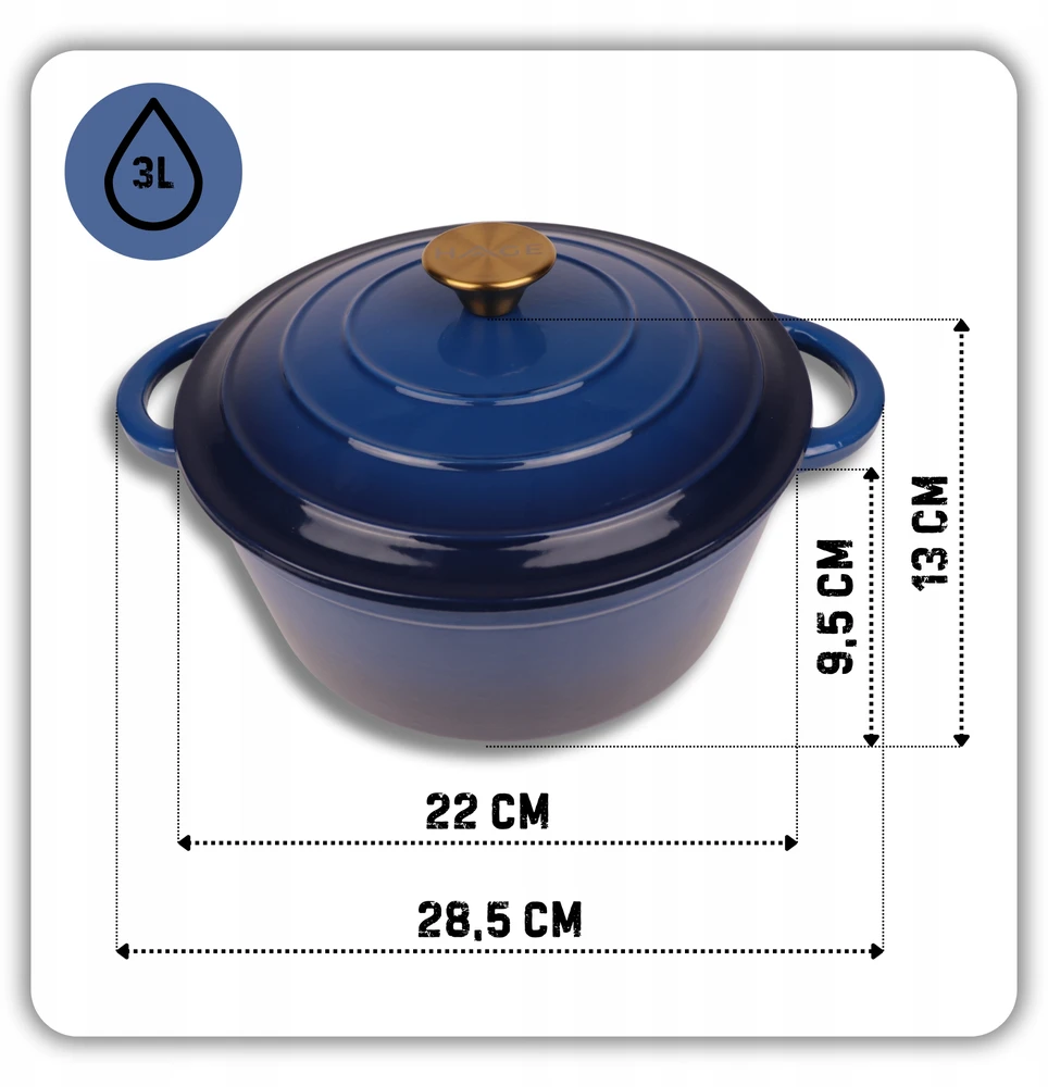 HAGE Ketaus puodas, emaliuotas, 3 l, dangtis 22 cm, mėlynas, indukcinis, orkaitė