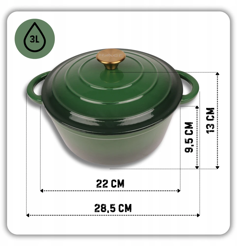 HAGE KETUS PUODAS 3L EMALINIS DANGIS ŽALIŲJŲ DUJŲ INDUKCINĖ KROSTELĖ 22cm