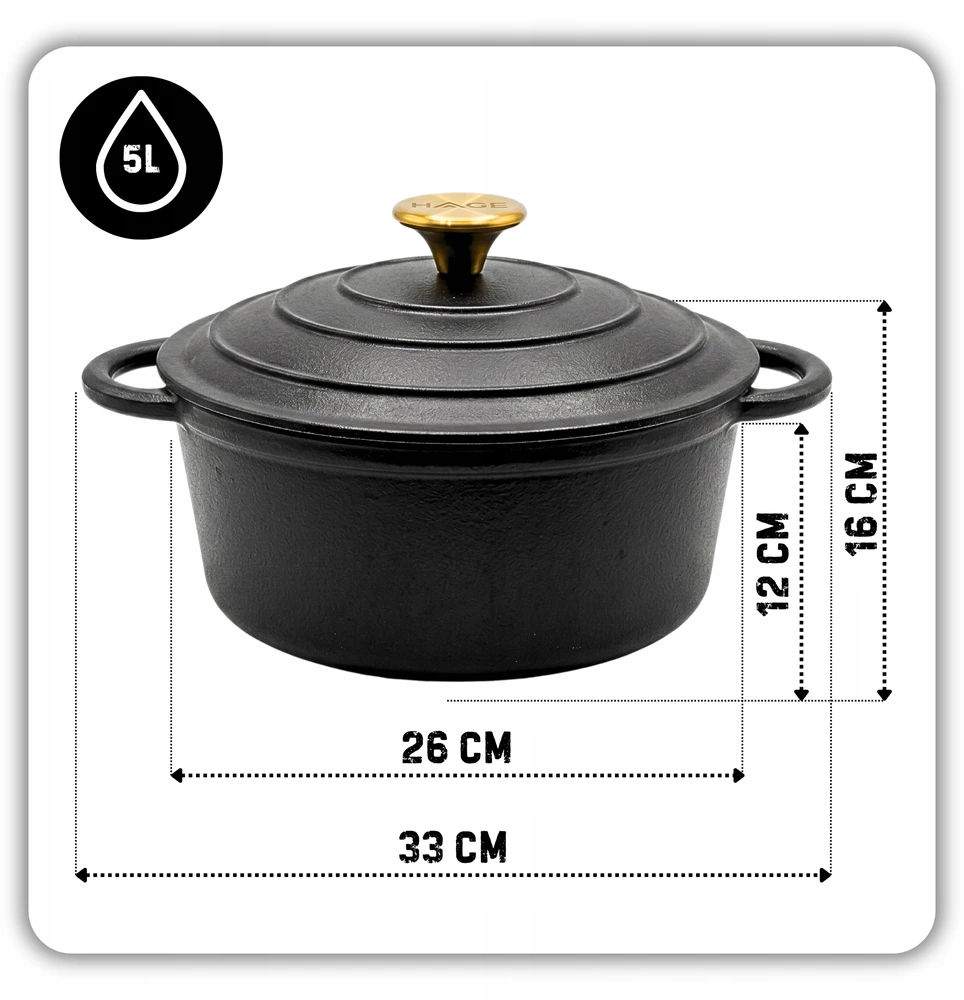 HAGE KETUS PUODAS 5L EMALINIS DANGIS MATINIS Juodas INDUKCINĖ KRAIŠKA 26cm