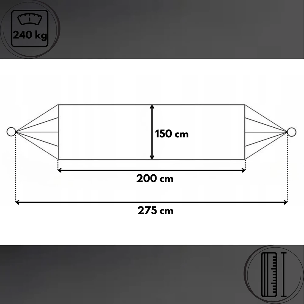 HAGE TURISTINIS SODO BOHO HAMAKAS SU BĖGIU 150x275cm 240kg TAMSIAI PILKA