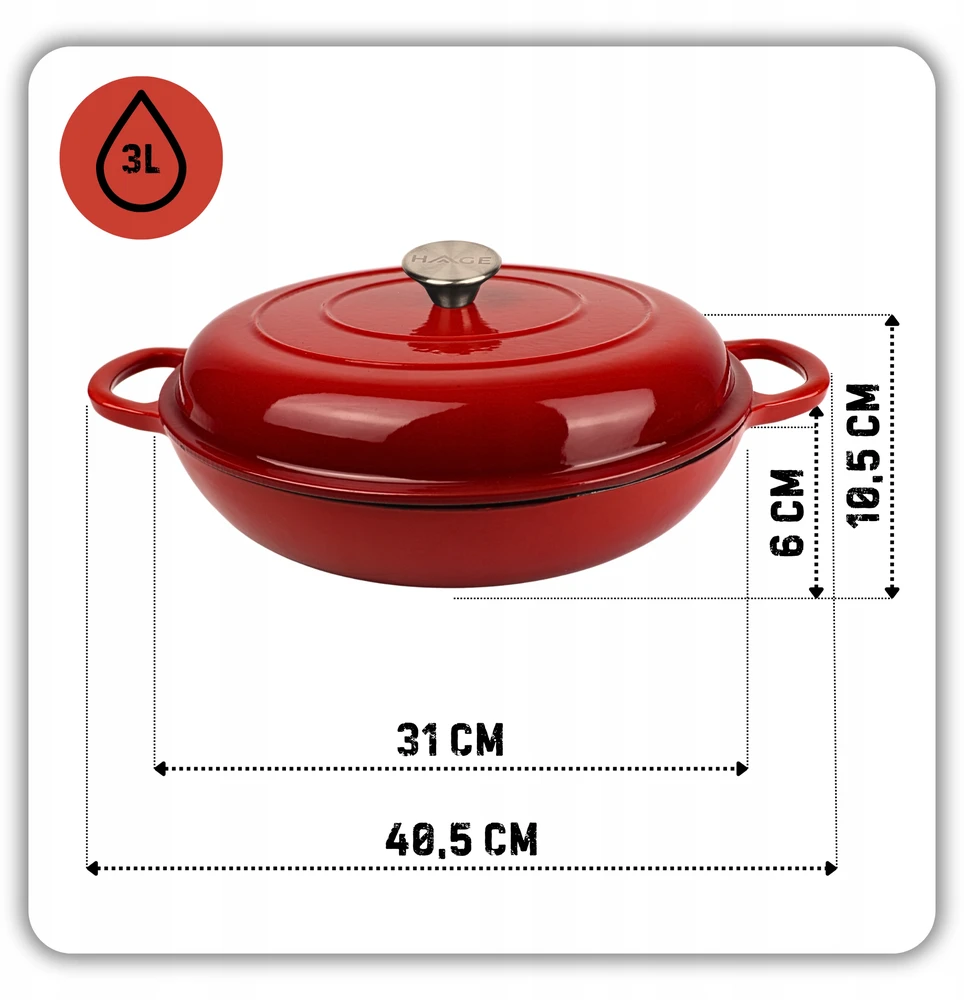 HAGE Žemas ketaus puodas, emaliuotas, 3 l + kambarys 30 cm, raudonas, indukcinė orkaitė