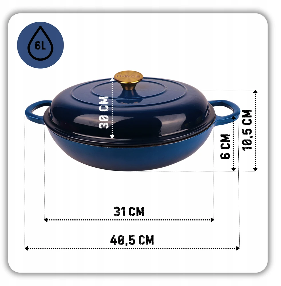 HAGE Žemas puodas, ketaus, emaliuotas, 3 l + kambarys 30 cm, mėlynas, indukcinė orkaitė