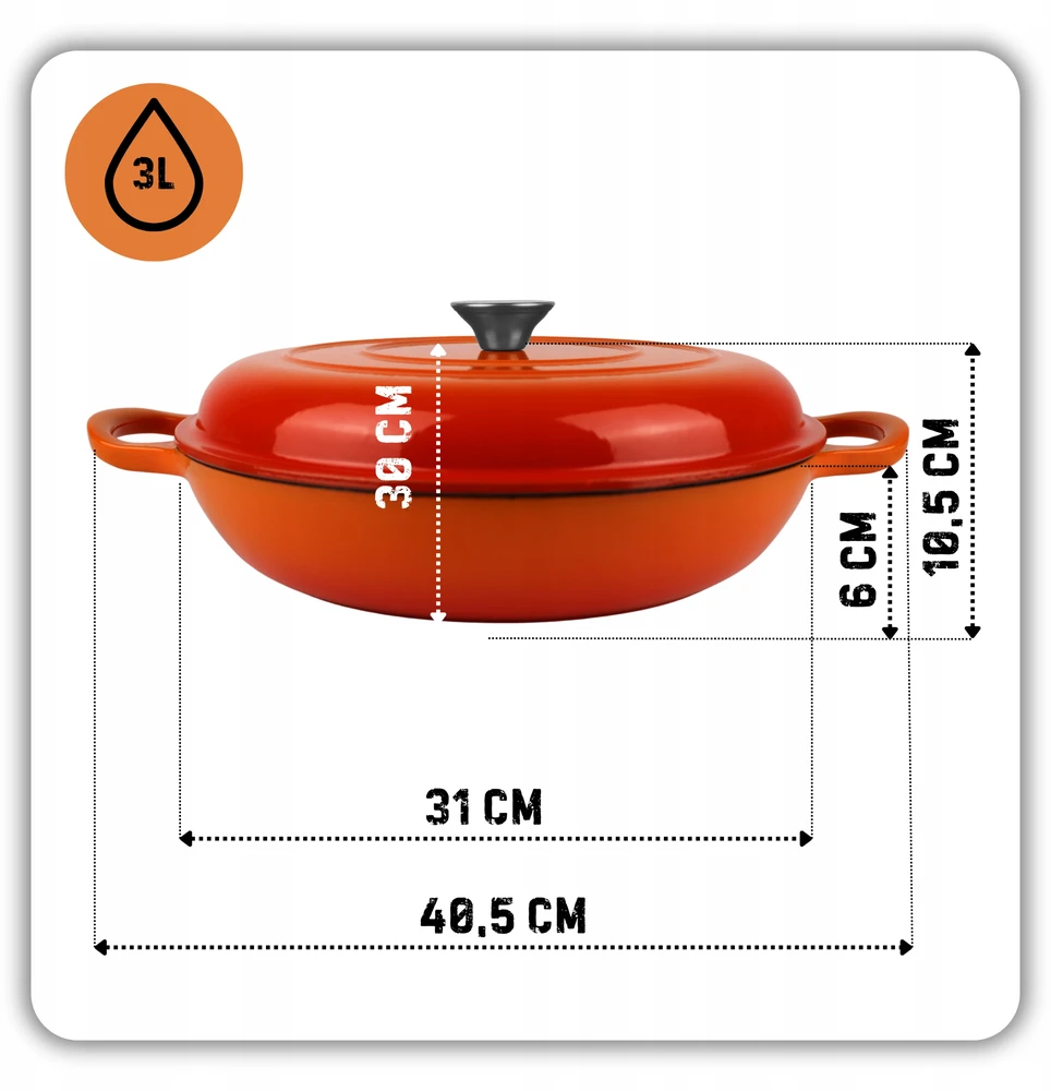 HAGE Žemas puodas, ketaus, emaliuotas, 3 l + kambarys 30 cm, oranžinis, indukcinis, orkaitė