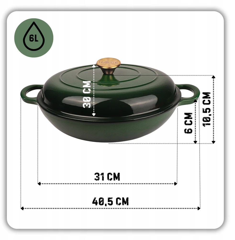 HAGE Žemo ketaus puodo emalio 3 l + kambario 30 cm žalia indukcinė orkaitė