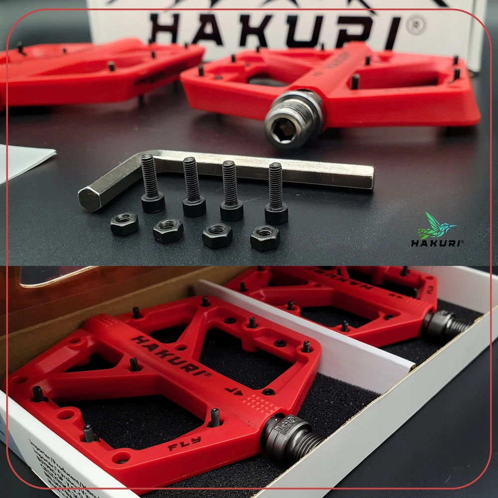 Hakuri Dviračių pedalai NYLON lengvi mašinų guoliai su kaiščiais Raudona MTB Raudonas