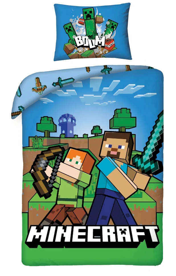 Halantex MINECRAFT vaikiška patalynė 140x200 STEVE ALEX CREEPER GAME Blocks BOW SWORD