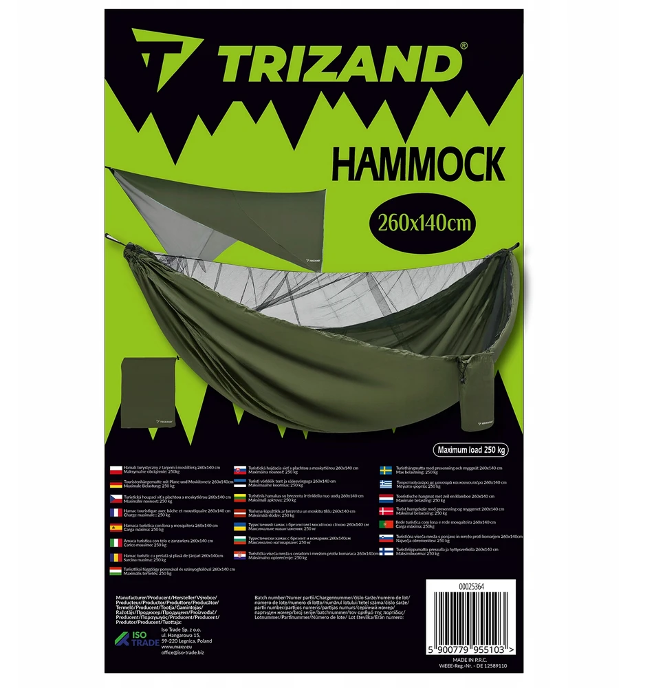 Turistinis hamakas su brezentu ir tinkleliu nuo uodų 260x140 cm Trizand