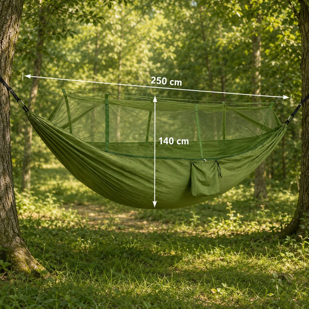 Hamakas su tinkleliu nuo uodų, poliesteris, 250x140 cm, 150 kg