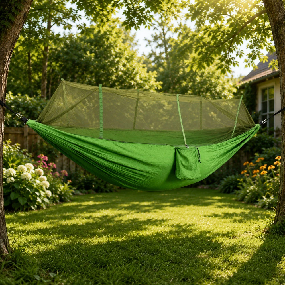 Hamakas su tinkleliu nuo uodų, poliesteris, 250x140 cm, 150 kg