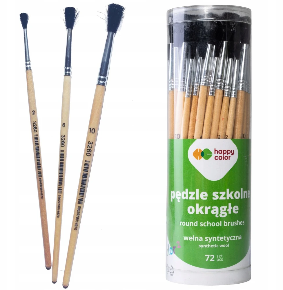 Happy Color 72 Apvalūs Mokykliniai Teptukai, 3 Dydžiai