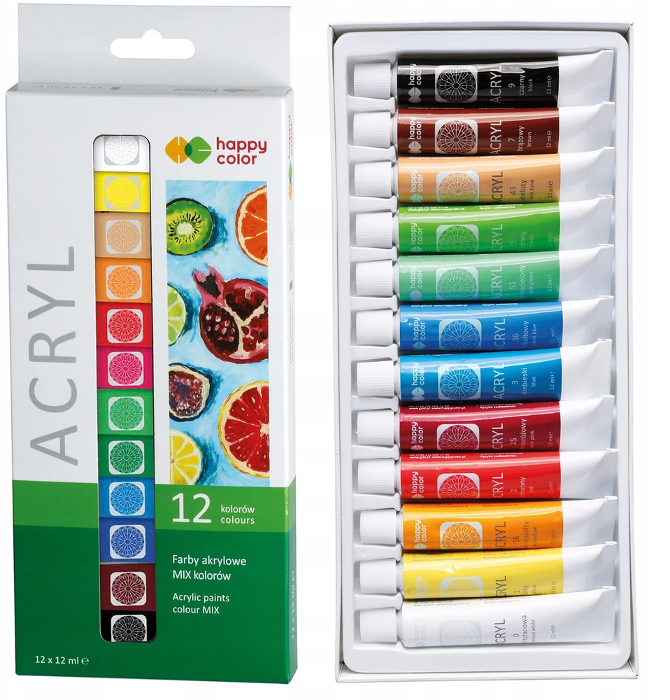 Happy Color akriliniai dažai, 12 spalvų, 12 ml