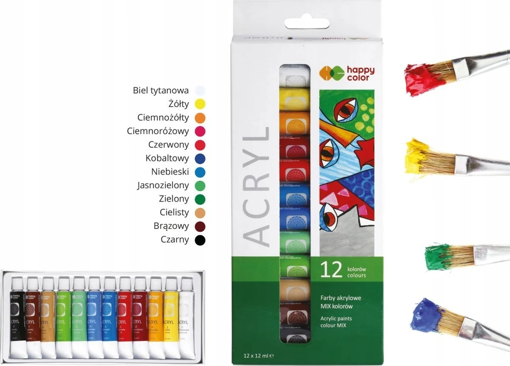 Happy Color akriliniai dažai, 12 spalvų, 12 ml