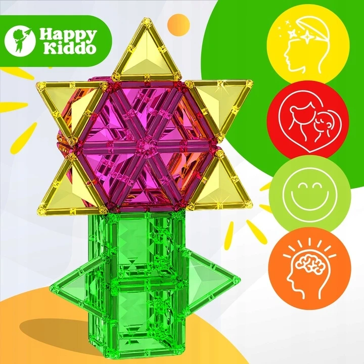 Anek Smily Play Happy Kiddo 3D magnetiniai blokeliai - kūrybinės konstrukcijos edukaciniai blokeliai, 112 vnt.