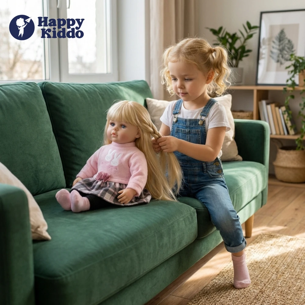 Happy Kiddo Big Baby Doll 56 cm interaktyvus kalba, dainuoja 2 kalbomis kaip tikra Priedai