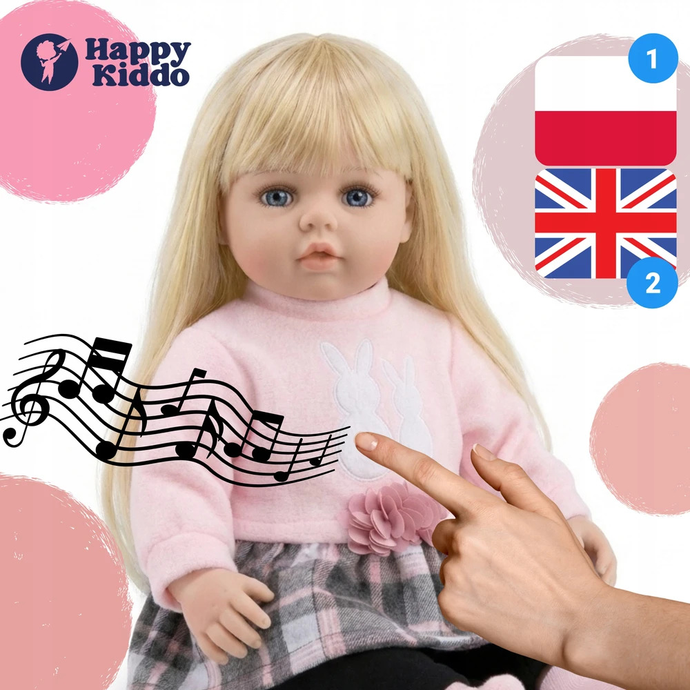 Happy Kiddo Big Baby Doll 56 cm interaktyvus kalba, dainuoja 2 kalbomis kaip tikra Priedai