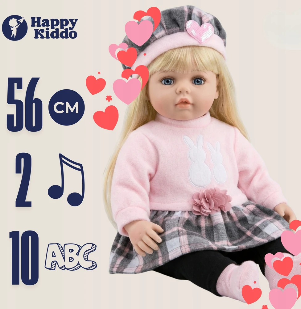 Happy Kiddo Big Baby Doll 56 cm interaktyvus kalba, dainuoja 2 kalbomis kaip tikra Priedai